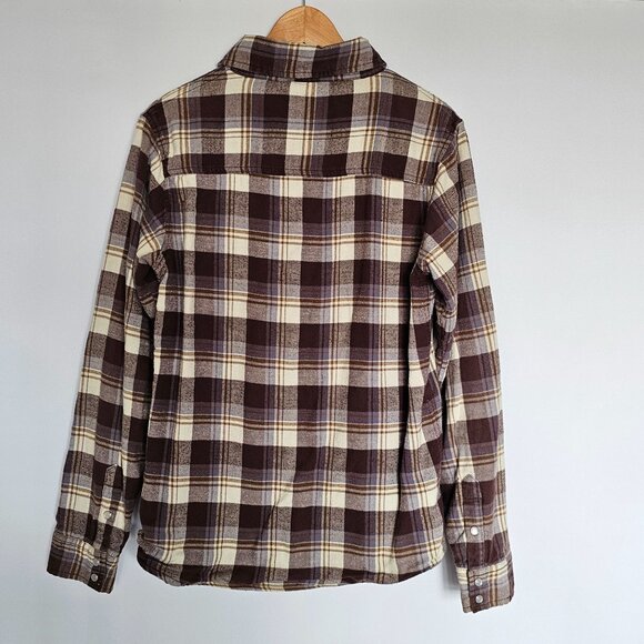 Chor Plaid Flannel Shirt Shacket Thermal Lining Pearl Snaps Pockets Size M Brown - Picture 14 of 14